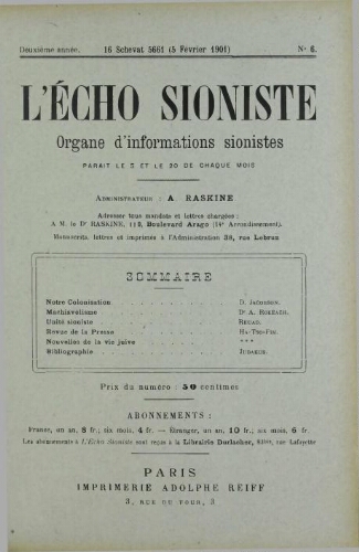 L'Echo Sioniste. Vol. 2 n° 6 (5 février 1901)